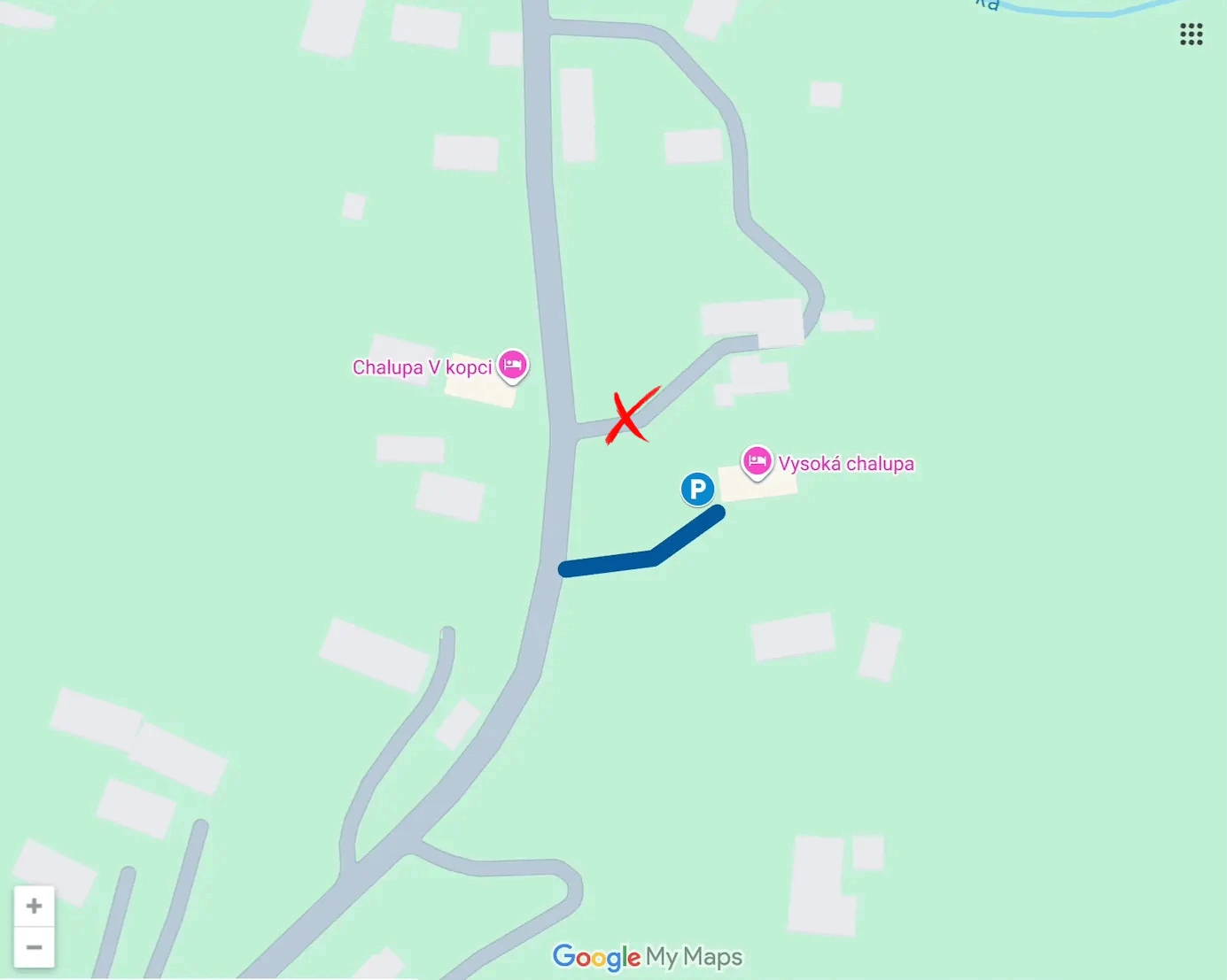 Mapka z zaznaczonym miejscem skrętu w drogę dojazdową do Vysokiej Chalupy